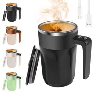 온도 표시가 있는 자동 교반 커피 컵, 충전식 머그컵, 뚜껑이 13 5온스 셀프 커피, 우유 및 기타 음료에 적합한 스테인리스 스틸 소재 블랙