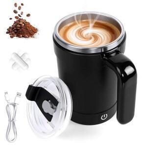 온도 표시가 있는 자동 자기 교반 커피 머그잔, 뚜껑이 있고 베이스가 분리 가능한 충전식 차, 우유, 블랙 용 12온스 전기 혼합