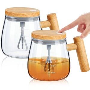 맥스체크 2개 셀프 믹싱 글라스 커피 머그컵 뚜껑 손잡이 자동 전기 컵 회전 블렌더 혼합 우유 단백질 사무실, 400ml 클리어