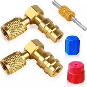 FANOVO 90° R12 ~ R134a 어댑터 고압 및 저압 변환 키트 퀵 커플러 밸브 먼지 캡 코어 리무버가 장착된