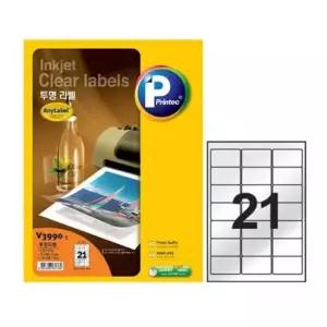 프린텍 잉크젯 투명라벨 V3990 21칸 5매 애니라벨 잉크젯용라벨지 방수라벨