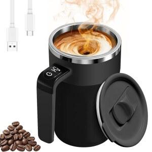 온도 표시가 있는 충전식 자동 교반 커피 머그컵, 뚜껑이 13 5온스 셀프 커피, 우유 및 기타 음료에 적합한 스테인리스 스틸 소재 블랙