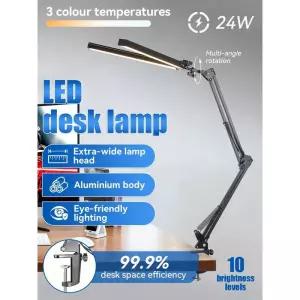 북라이트 독서등 블랙 듀얼 헤드 접이식 책상 램프 기계식 암 24W 라이트 클램프 38cm USB 독서