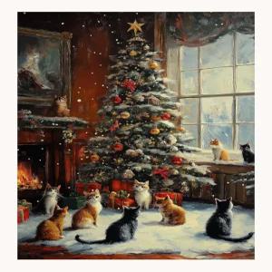크리스마스 캣츠 프린트 축제 홀리데이 씬 아늑한 벽난로와 장식된 트리 겨울 아트워크를 평평하게 말린