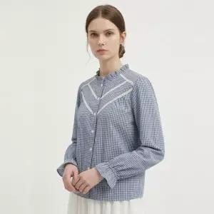 [샵앤] 여성 프릴 라운드넥 고방체크 긴팔 블라우스 MSE-WBL-21132