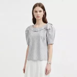 [샵앤] 국산 여성 리본타이 보트넥 체크 반팔 블라우스 SIU-WBL-21120