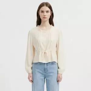 [샵앤] 여성 프릴 라운드넥 허리스트링 단추 블라우스 SIU-WBL-21119