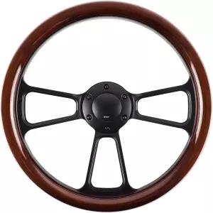 QYMOPAY 유니버설 14인치 나무 레이싱 스티어링 휠 6볼트 블랙 알루미늄 3 스포크 빈티지 레이싱/