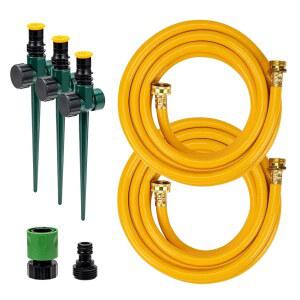금속 스파이크 베이스 관개 세트가 있는 지오와키 그라운드 스프링클러 시스템은 작은 지역 식물과 화단 물주기에 이상적이며, 15피트 노란색 호스 2개가 포함되어 있습니다