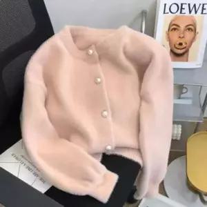 여성 루즈핏 두꺼운 퍼 진주단추 라운드넥 가디건