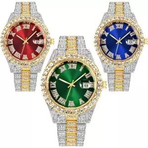 로마 스케일 캘린더 다이아몬드 손목시계 스테인리스 스틸 시계와 함께하는 CdyBox 3팩 럭셔리 남성 힙합