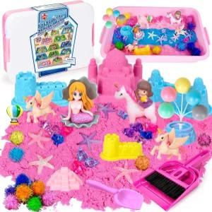 용 유니콘 센서리 빈 샌드박스 샌드캐슬 몰드 도구가 포함된 장난감 놀이 샌드 아트 키트 3세 4세 5세 6세