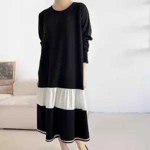 /옷자락 여성 빅사이즈 배색 블랙 롱원피스