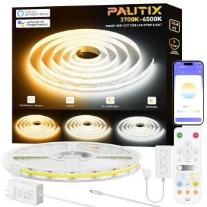 PAUTIX CCT COB LED 알렉사/구글 24V 키트 조명 제공합니다 협력하여 캐비닛 라이트 침실 아래 2700K-650K 5m 16.4피트 주방 CRI90 디밍 스트립 / 화이트 3200LED DIY 어시스턴트와 튜닝 조명을 테이프