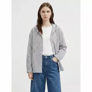 [하프클럽/샵앤]여성 루즈핏 캐주얼 체크 후드 긴팔 언발 셔츠 NARU-WSH-21143-