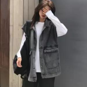 간절기 베스트 진 블랙 봄 쪼끼 여성 데님 오버핏 레이어드룩 청 조끼 여자