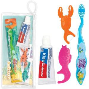 프랙티콘 플로씨스 치과 키트, 여행용 사이즈 번들/별도 색상 칫솔, 치약 및 치실, TSA 친화적인 구강 관리 키트