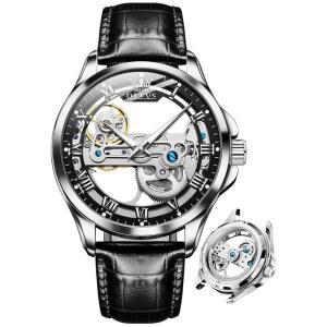 OLEVS 남성용 스켈레톤 시계, 오토매틱 셀프 와인딩 럭셔리 야광 드레스 방수 가죽 시계 손목 기계식