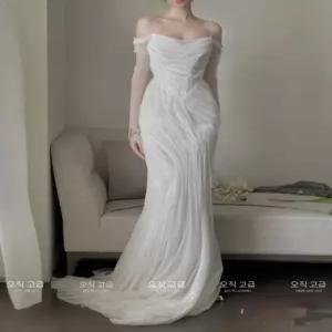프렌치 행사 스냅 웨딩 드레스 여신 이브닝 화이트 셀프 연주회