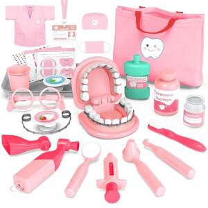 3-5세 여자 를 위한 치과 놀이 세트 - 4세 3명을 닥터 키트 장난감 선물, 몬테소리 치아 및 남자 3 4 5 6 7 8 핑크