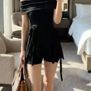 [하프클럽/옷자락]여성 봄 여름 셔링 언발란스 리본 미니 스커트바지