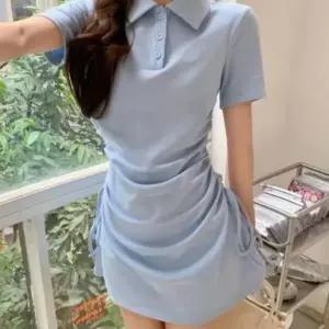 [하프클럽/옷자락]여성 일상 데이트룩 세련된 셔링 슬림핏 카라넥 반팔 미