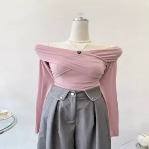 쫀쫀 오프숄더 크로스 랩 레이온 슬림핏 티셔츠
