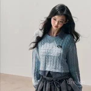 ShaoyeEye 체크 니트 투피스 카라넥 페이크