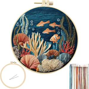 폰누이 수중 세계 자수 키트 초보자를 위한 크로스 스티치 산호초 프린트 패턴이 있는 수제 공예품 컬러 실