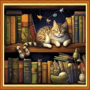 DMCVIVR 스탬프 크로스 스티치 키트 초보자용 자수 11CT 니들포인트 패턴 책장 고양이 16x20 인치