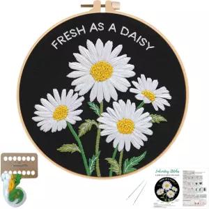 초보자용 누벨릭 데이지 자수 키트 패턴이 있는 천 후프 바늘 지침 및 실을 포함한 DIY 크로스 스티치