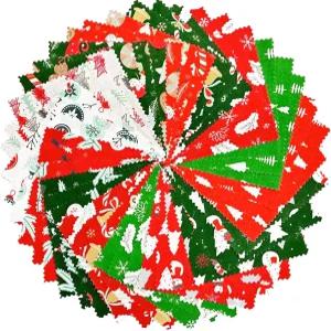 슈루즈프즈 42Pcs 크리스마스 코튼 퀼팅 패브릭 스퀘어 5x5 귀여운 홀리데이 참 팩 레드 및 그린 트리