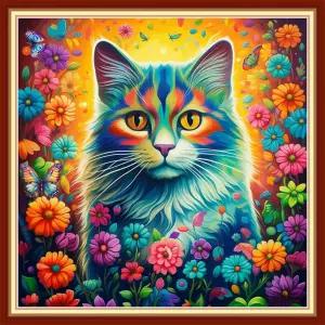 초보자를 위한 조이후어 스탬프 크로스 스티치 키트 니들포인트 11CT 카운트 자수 키트-고양이 꽃 18x18