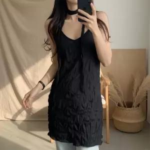 여성 슬리브리스 V넥 보우 코디 끈 롱 쁘띠 원피스