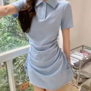 여성 일상 데이트룩 세련된 셔링 슬림핏 카라넥 반팔 미니 드레스