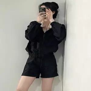 (상품선택 블랙 free)바스락 여성 트레이닝복 세트 [SET 바람막이 트레이닝 츄리닝 반바지 여자 후드 집업