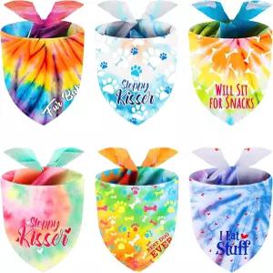 위우데이 6종 타이 염색견 반다나 레인보우 애완동물 삼각 스카프 컬러풀 조절 가능한 리버서블 삼각형