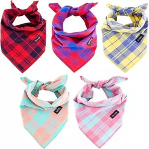 Gofshy 작은 강아지 반다나 - 5PCS 생일 선물 선명한 색상 격자무늬 인쇄 조절 가능한 스카프 턱수염