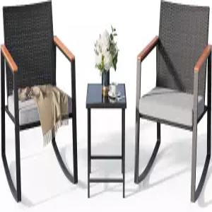 Gizoon 3피스 흔들 파티오 비스트로 세트 안티스칼드 암레스트 야외 위커 가구 유리 테이블 및 쿠션이 있는