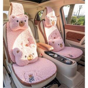 MIEWENMOGU 푹신하고 귀여운 곰 카시트 쿠션 범용 15피스 겨울 세트, (핑크) 패드 5인용 미끄럼 자동차 픽업용 액세서리, 카와이 SUV 커버, 방지 따뜻한 내부