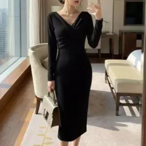 [다잇템] 여성 스웨터 슬릿 꼬임랩 슬림핏 볼드숄더 롱드레스