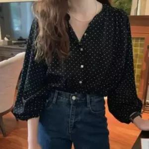 [하프클럽/옷자락]여성 페미닌 일상 사무실룩 도트 퍼프소매 시폰 블라우스