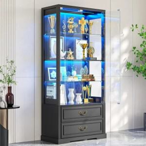 유리문과 2개의 서랍이 있는 진열장 조절 가능한 높이 LED 조명과 인체 감지 기능이 큐리오 캐비닛