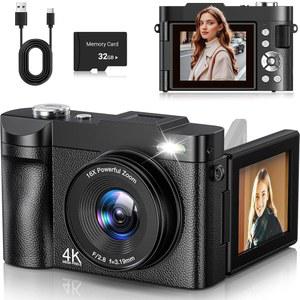 ANVOSCI 유튜브용 4K 디지털 카메라 50MP 2.8인치 카드 32GB 셀프 줌 초보자 남아 영상 초점 카메라, 플립 스크린, 16X 180 자동 포함, 여아용