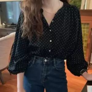 여성 페미닌 일상 사무실룩 도트 퍼프소매 시폰 블라우스