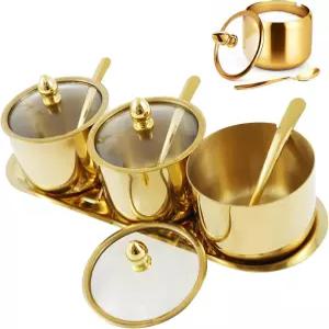 HMDium 설탕 그릇 세트 - 유리 뚜껑 및 스푼 재사용 가능한 스테인리스 스틸 용기 3개와 트레이 포함