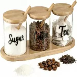 레몬로드 3팩 커피 슈가 티 용기 세트 대나무 트레이 장식 뚜껑과 숟가락이 있는 투명 조미료 바 음료
