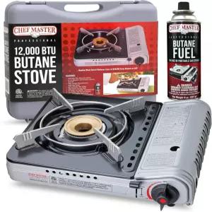 셰프 마스터 12 000 BTU 휴대용 부탄 스토브 - 캠핑 및 야외 요리용 버너 케이스 윈드 가드 전자 점화