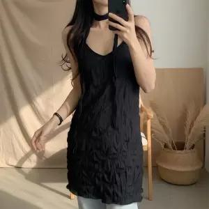 여성 긴 타이 브이넥 끈 나시 미니 원피스