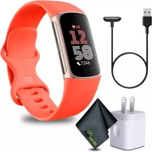 심박수 GPS 도구가 포함된 Fitbit 충전 6 피트니스 트래커 스마트워치 - 남녀용 청소용 천과 충전기가 코랄